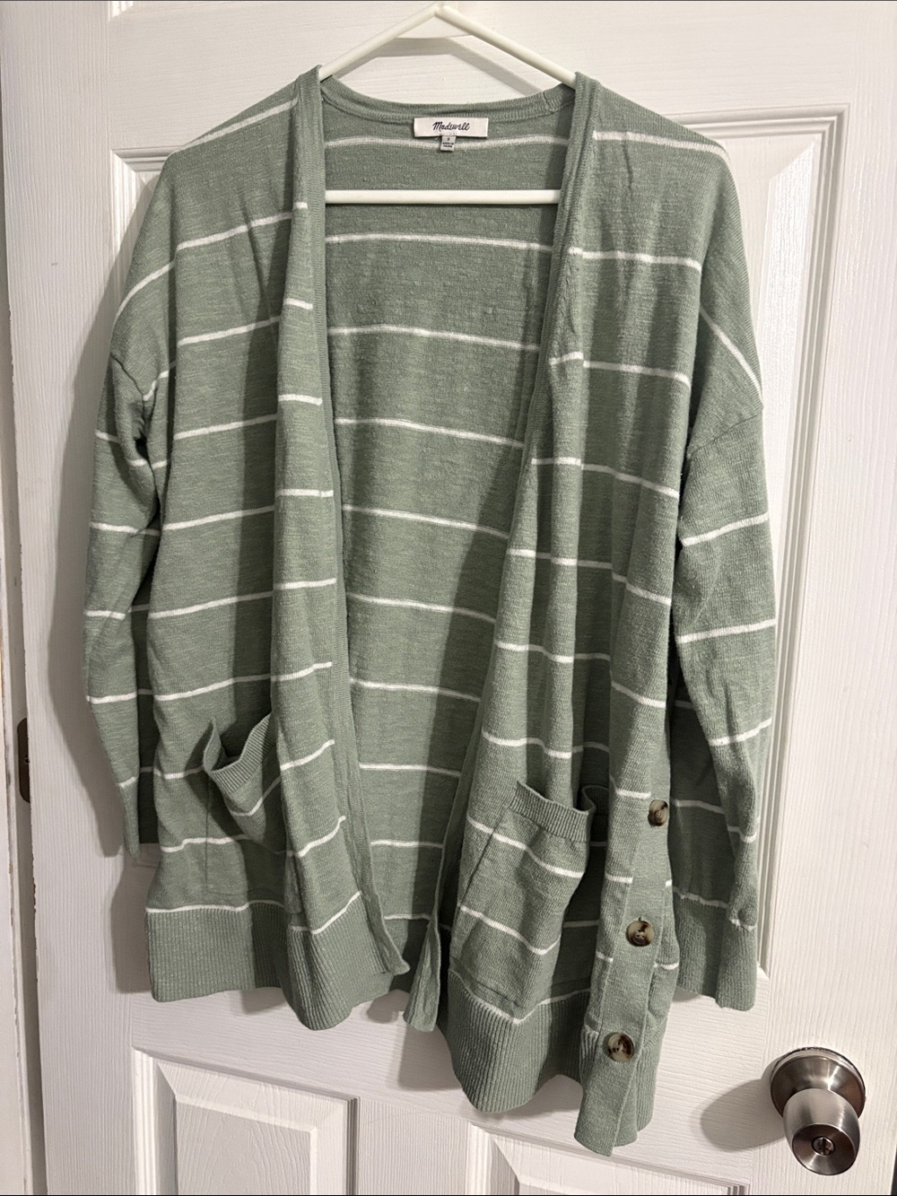 Madewell Women's Side Button Open Cardigan Small Sage Green Striped Linen Cotton